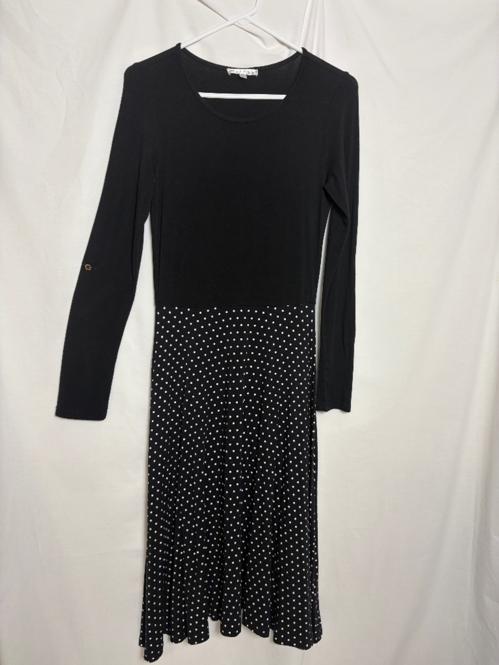 DE Collection Midi Dress Size Small Black Top & Black Skirt w/ White Polka Dots